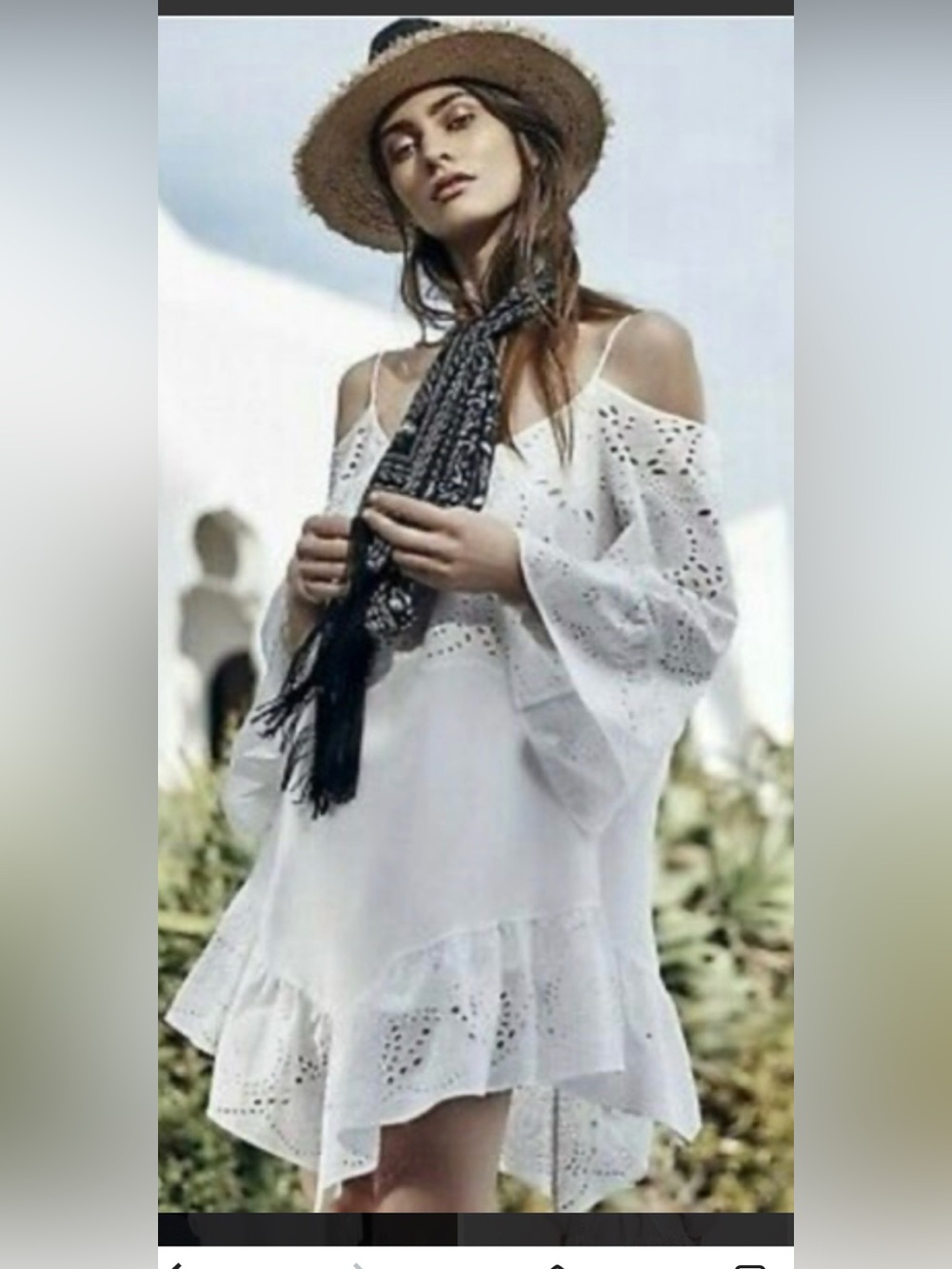 BCBG Maxazria Niki Bohemian White Eyelet Cold Shoulder Bell Sleeves Lined Dress
